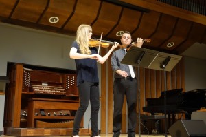 Aubrey and Alex Woods, violinists, who will perform 'Diode,' by Michael Hicks,