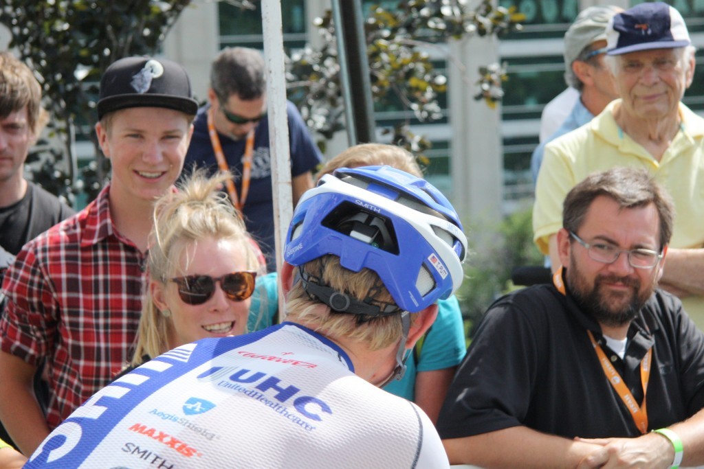 Park City native Tanner Putt, racing with United Healthcare, greets family and friends prior to the start of the race