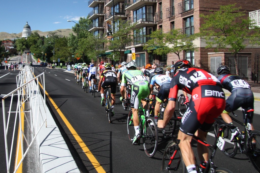 Racers fly up and down Salt Lake City streets during the downtown circuit race held on August 7, 2015