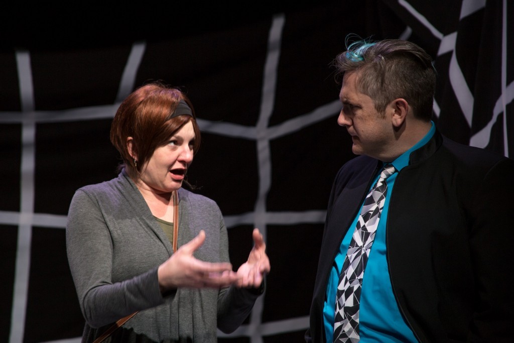 Megan (Nell Gwynn) and Hendrix (Mark Fossen) in Based On A True Story by Elaine Jarvik, Plan-B Theatre. Photo credit: Rick Pollock.